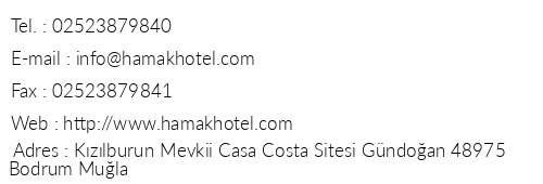 Hamak Hotel telefon numaralar, faks, e-mail, posta adresi ve iletiim bilgileri
